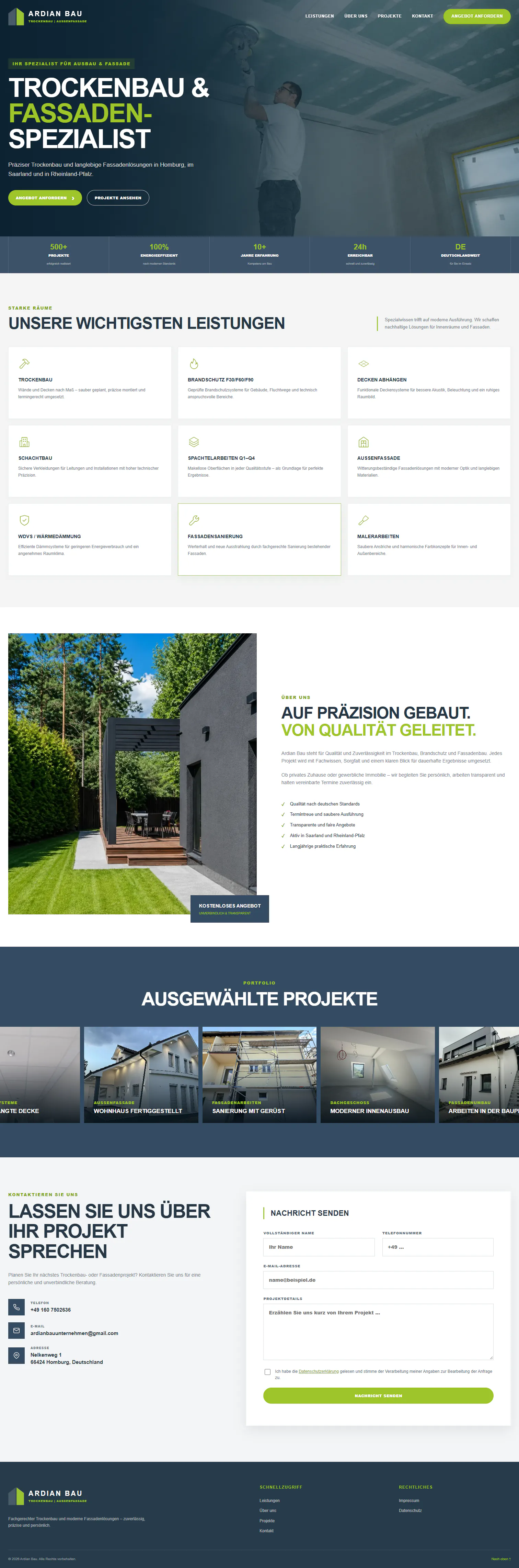 Fullpage-Screenshot der Website Ardian Bau
